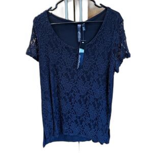 ellumiNation Black Pullover Tunic Top XL Lace Slits Short Sleeve New Stretch